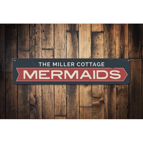 Mermaids Arrow Sign Family Name Beach Cottage Sign Custom Metal Beach Lover Gift Beach Decor - Mermaid Sign - Size: 16 x 4 Inches