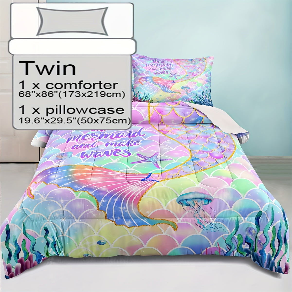 Mermaids Bedding Comforter Set, Oceans Duvet, Girls Bedroom Decor, Twin