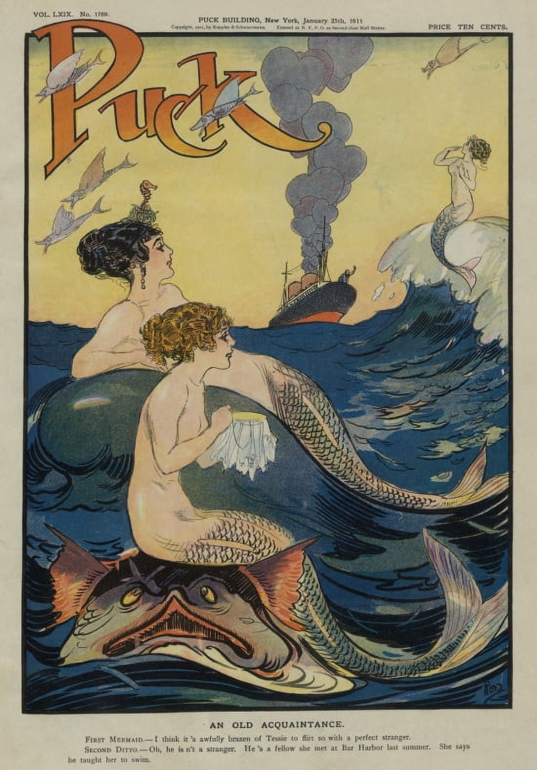 Mermaids Gossiping In The Sea Puck Magazine Vintage Cover Canvas Art - (36 x 54)