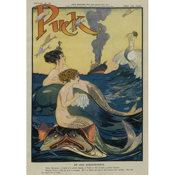 Mermaids Gossiping In The Sea Puck Magazine Vintage Cover Poster Print (18 x 24)