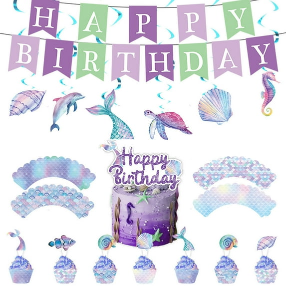 Mermaids Party Tableware Set for Kids Birthday Celebration Paper Gift Boxes Bags Swirls Banners Cake Toppers