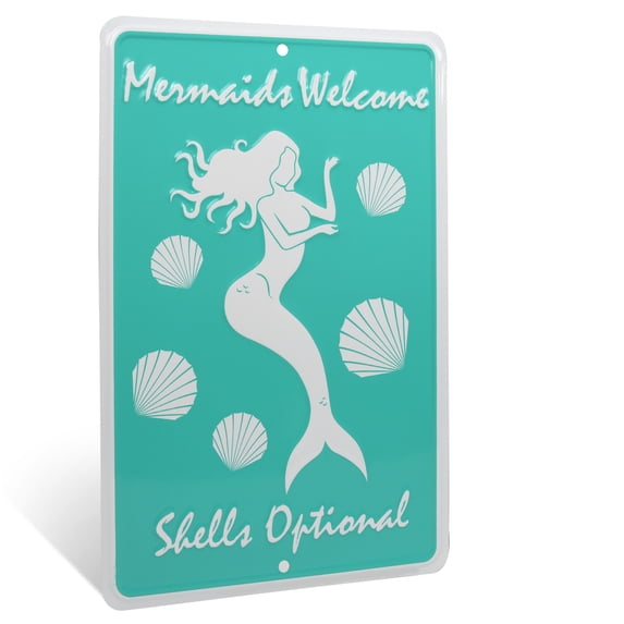 Mermaids Welcome Shells Optional Funny Metal Wall Art Sign Beach Home Decor Tiki