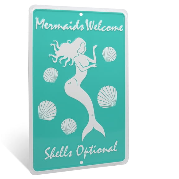 Mermaids Welcome Shells Optional Tin Sign Funny Beach House Pool Wall Art Nautical Ocean Home Decor
