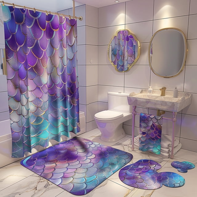 Mermaidthemed Bathroom Decor Set: Purple and Blue Scales Tail Mer+Oil Art Shower Curtain Toilet ...
