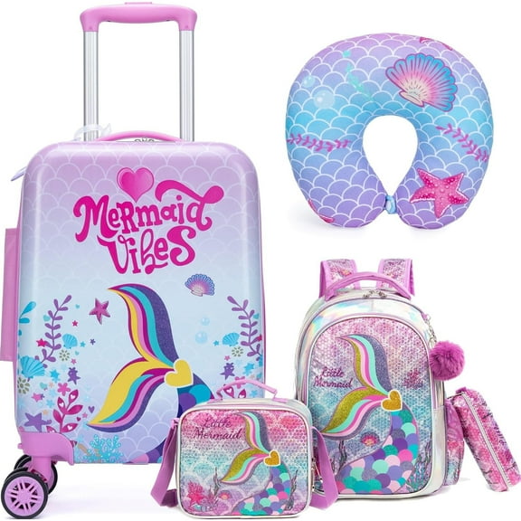 Mermaild Kids Carry on Luggage Sets for Girls with Wheels Lightweight Pink Suitcases for Travel Essentials with Travel Pillow School Backpack