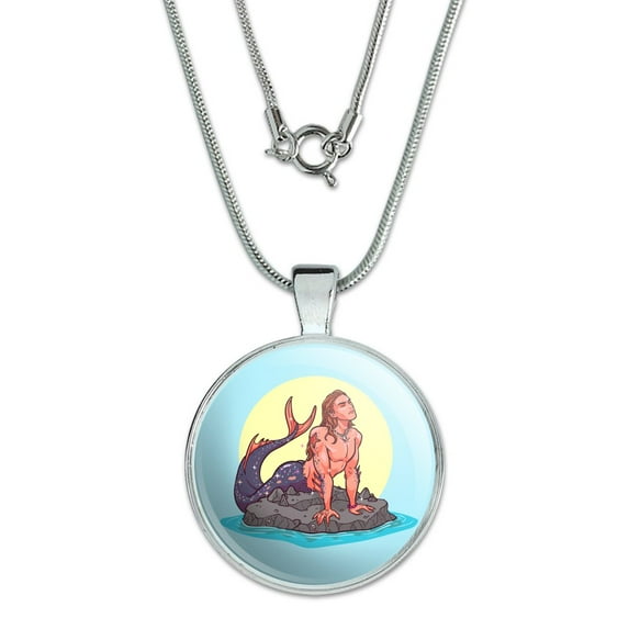Merman Male Mermaid Basking On Rock 1" Pendant with Sterling Silver Plated Chain