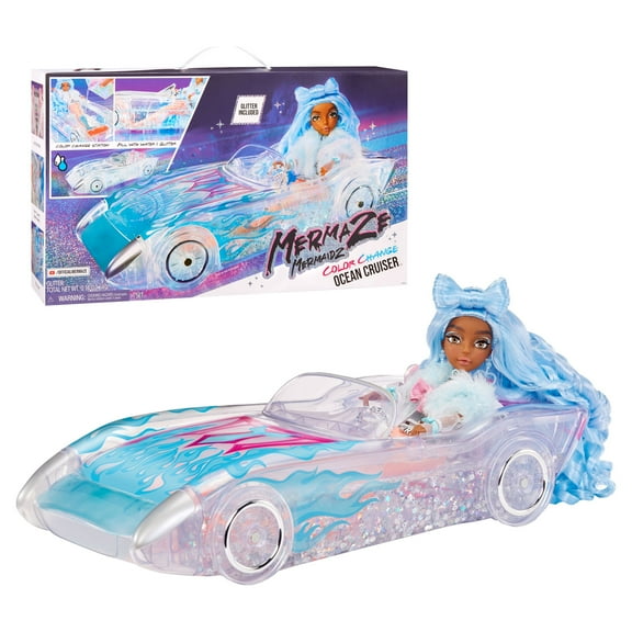 Mermaze Mermaidz Ocean Cruiser Convertible Car with Color Change Decals, Glitter-Filled Walls, Rolling Wheels, Working Seat Belts, Steering Wheel, Fits 2 Dolls
