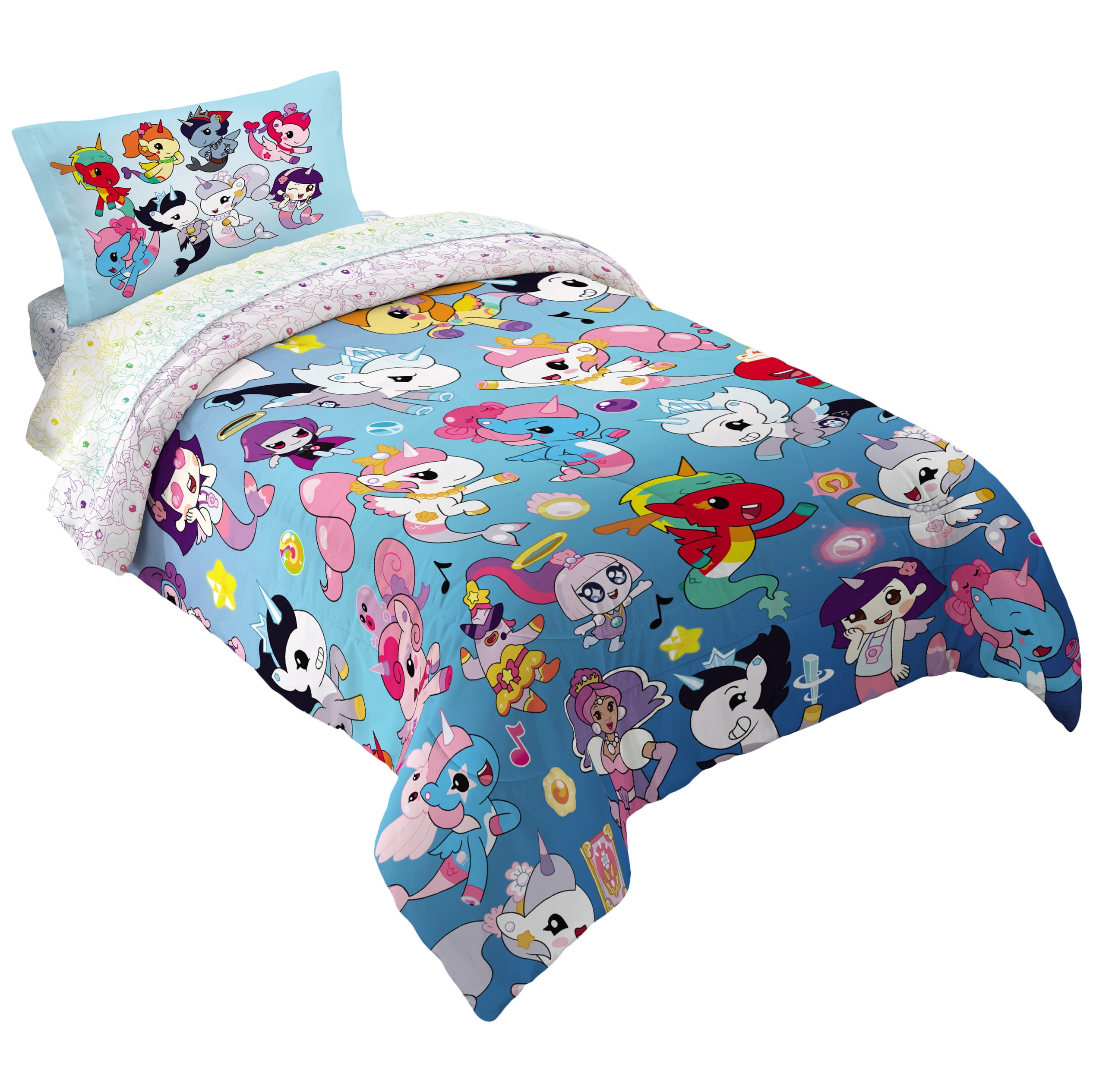Mermicorno Starfall Kids 4 Piece Blue Reversible Comforter, Pillowcase, and Sheet Set, Twin