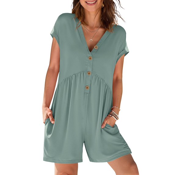 Merokeety Summer Rompers for Women Casual V Neck Shorts Overalls Loose Fit Onesie with Pockets, Sage S