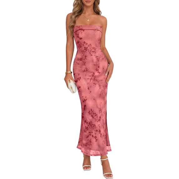 Merokeety Summer Tube Dress for Women Floral Mesh Bodycon Maxi Dress, Pink L