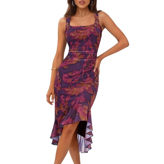 Merokeety Womens Bodycon Dress Ruffle Cocktail Mesh Beach Vacation Midi Dresses Plum M