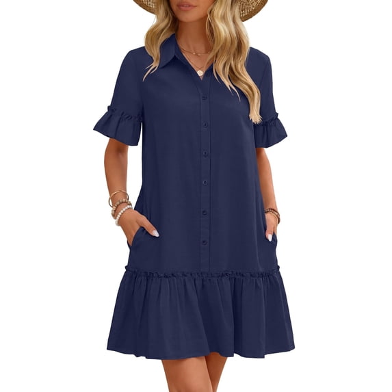Merokeety Womens Casual Shirt Dress Button Down Ruffle Sleeve Shift Mini Dresses with Pockets Navy XL
