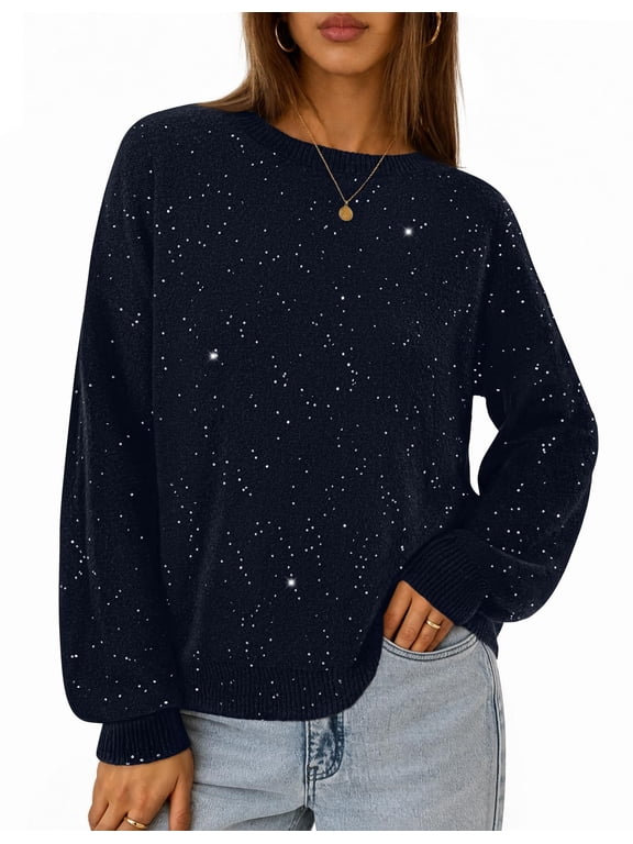 Womens Fall Sequin Long Sleeve Pullover Sweaters Navy XL