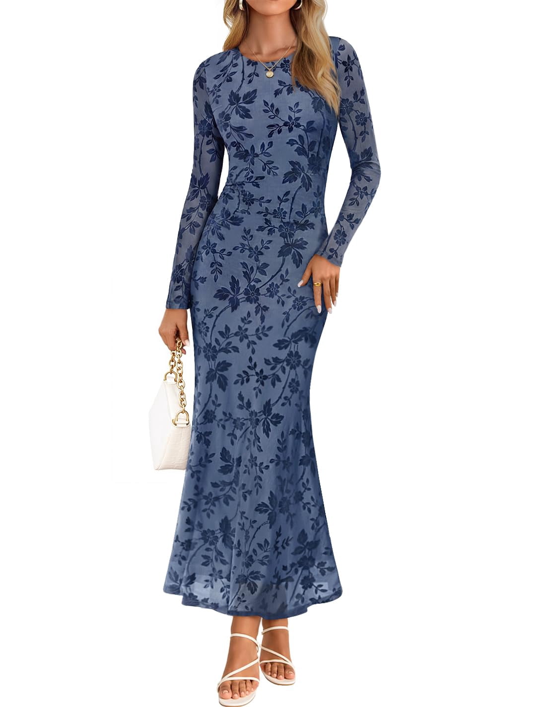 Customer reviews for Merokeety Womens Fall Wedding Guest Maxi Dress Long Sleeve Bodycon Floral Mesh Winter Cocktail Dress Dustyblue L