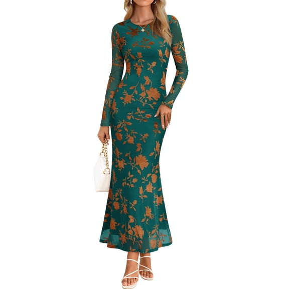 Merokeety Womens Fall Wedding Guest Maxi Dress Long Sleeve Bodycon Floral Mesh Winter Cocktail Dress Green M