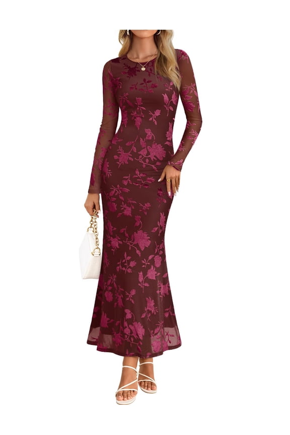 Womens Fall Wedding Guest Maxi Dress Long Sleeve Bodycon Floral Mesh Winter Cocktail Dress Wine M