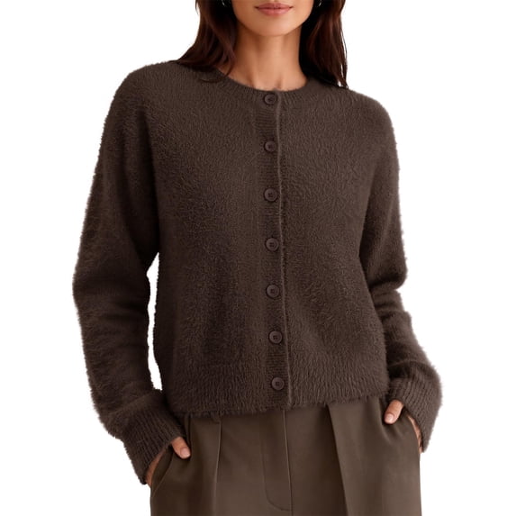 Merokeety Womens Long Sleeve Button Knit Cardigan Sweater Coffee L
