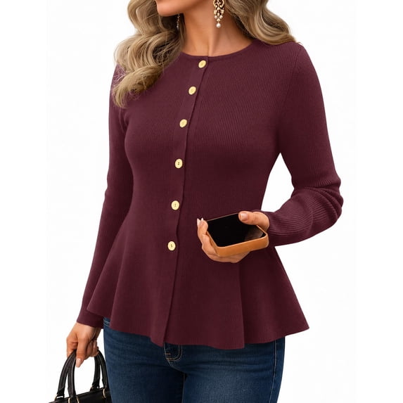 Merokeety Womens Long Sleeve Fitted Waist Cardigan Sweaters Wine M