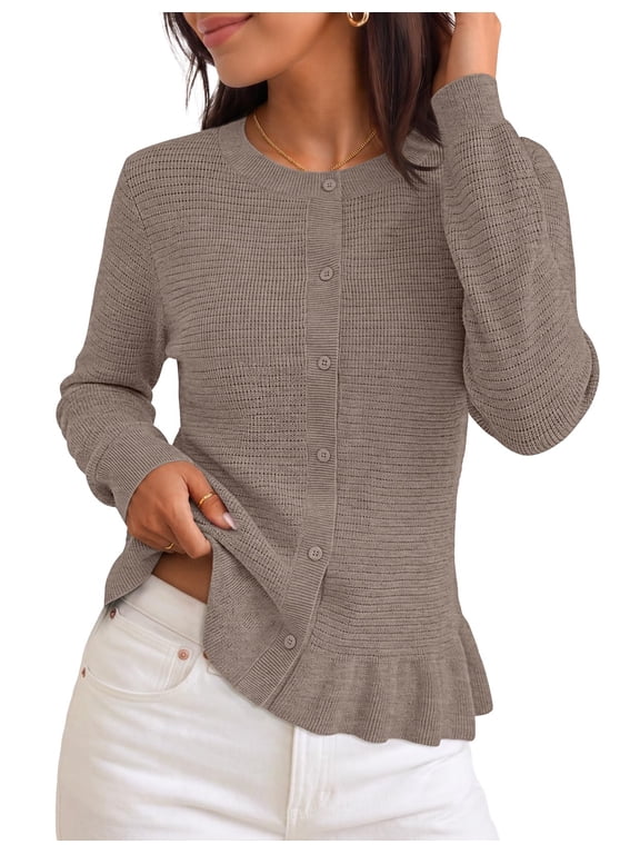 Womens Ruffle Cardigan Sweaters Camel L