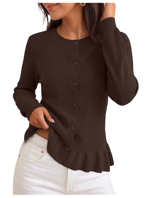 Womens Ruffle Cardigan Sweaters Coffee L