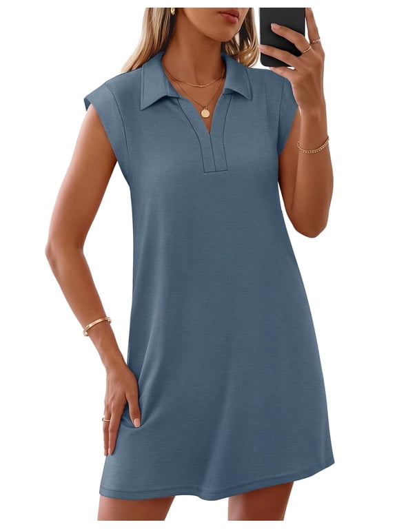 Womens Short Sleeve Mini Dress Collared T Shirt Work Dresses GrayBlue L