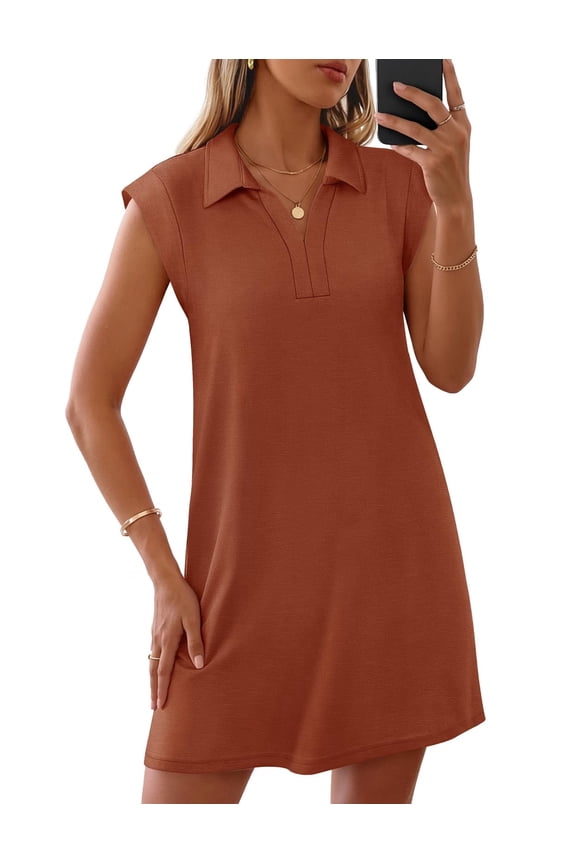 Womens Short Sleeve Mini Dress Collared T Shirt Work Dresses Rust XL