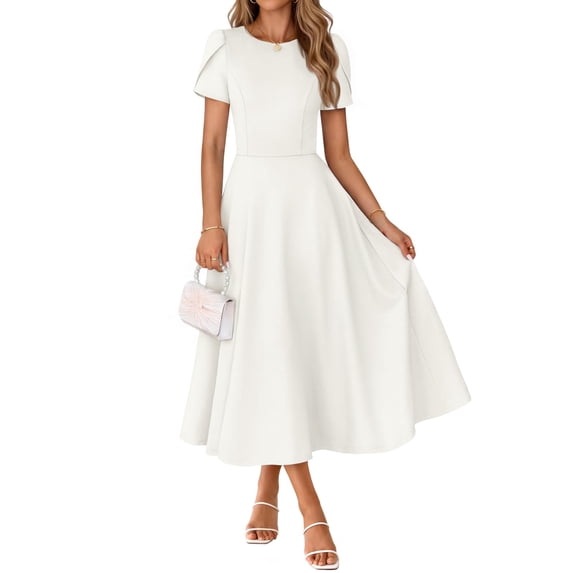 Merokeety Womens Summer Dresses Crewneck A Line Pleated Flowy Midi Dress With Pockets White L