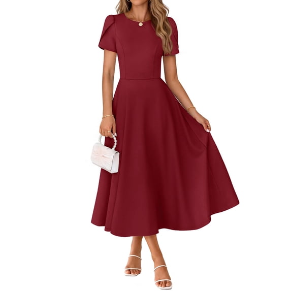 Merokeety Womens Summer Dresses Crewneck A Line Pleated Flowy Midi Dress With Pockets Wine M
