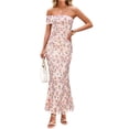 thumbnail image 1 of Merokeety Womens Summer Dresses Floral Off Shoulder Ruched Mesh Bodycon Maxi Dress Beige m, 1 of 5