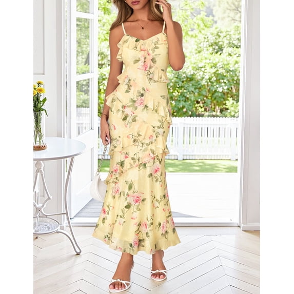 Merokeety Womens Summer Dresses Floral Spaghetti Deep V Neck Backless Asymmetric Maxi Dress Yellow s