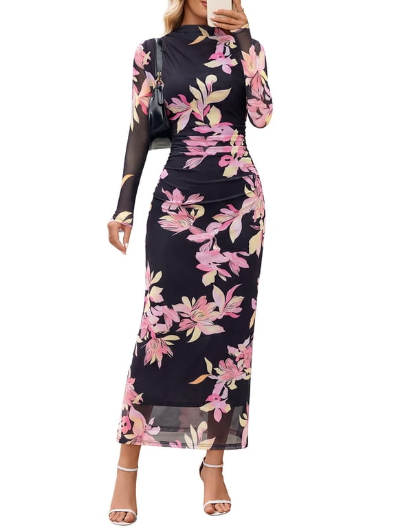 Womens Summer Dresses Tie Dye Mesh Ruched Bodycon Dress PinkFloral XL