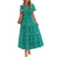 thumbnail image 1 of Merokeety Womens Summer Dresses V Neck Short Sleeve Boho Floral Tiered Midi Dress with Pockets Green m, 1 of 4
