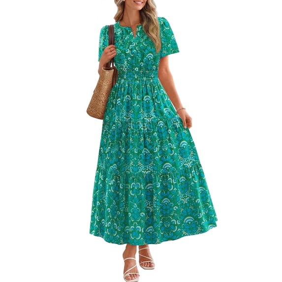 Merokeety Womens Summer Dresses V Neck Short Sleeve Boho Floral Tiered Midi Dress with Pockets Green m