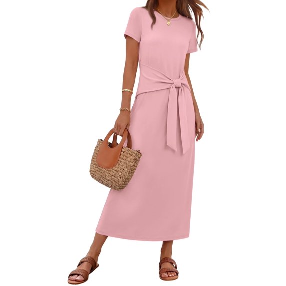 Merokeety Womens Summer T Shirt Dresses Crew Neck Tie Waist Midi Dress, Pink XXL