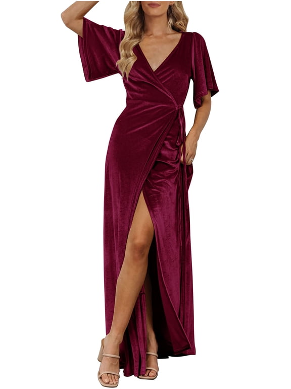 Womens Wrap Velvet Maxi Wedding Guest Dress Bell Sleeve Split Formal Dresses Burgundy L