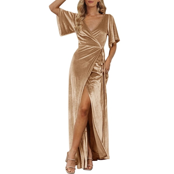 Merokeety Womens Wrap Velvet Maxi Wedding Guest Dress Bell Sleeve Split Formal Dresses Champagne M