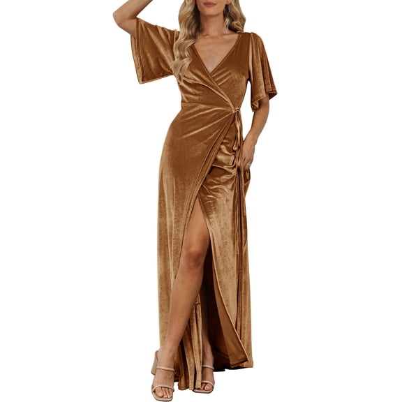 Merokeety Womens Wrap Velvet Maxi Wedding Guest Dress Bell Sleeve Split Formal Dresses Golden M