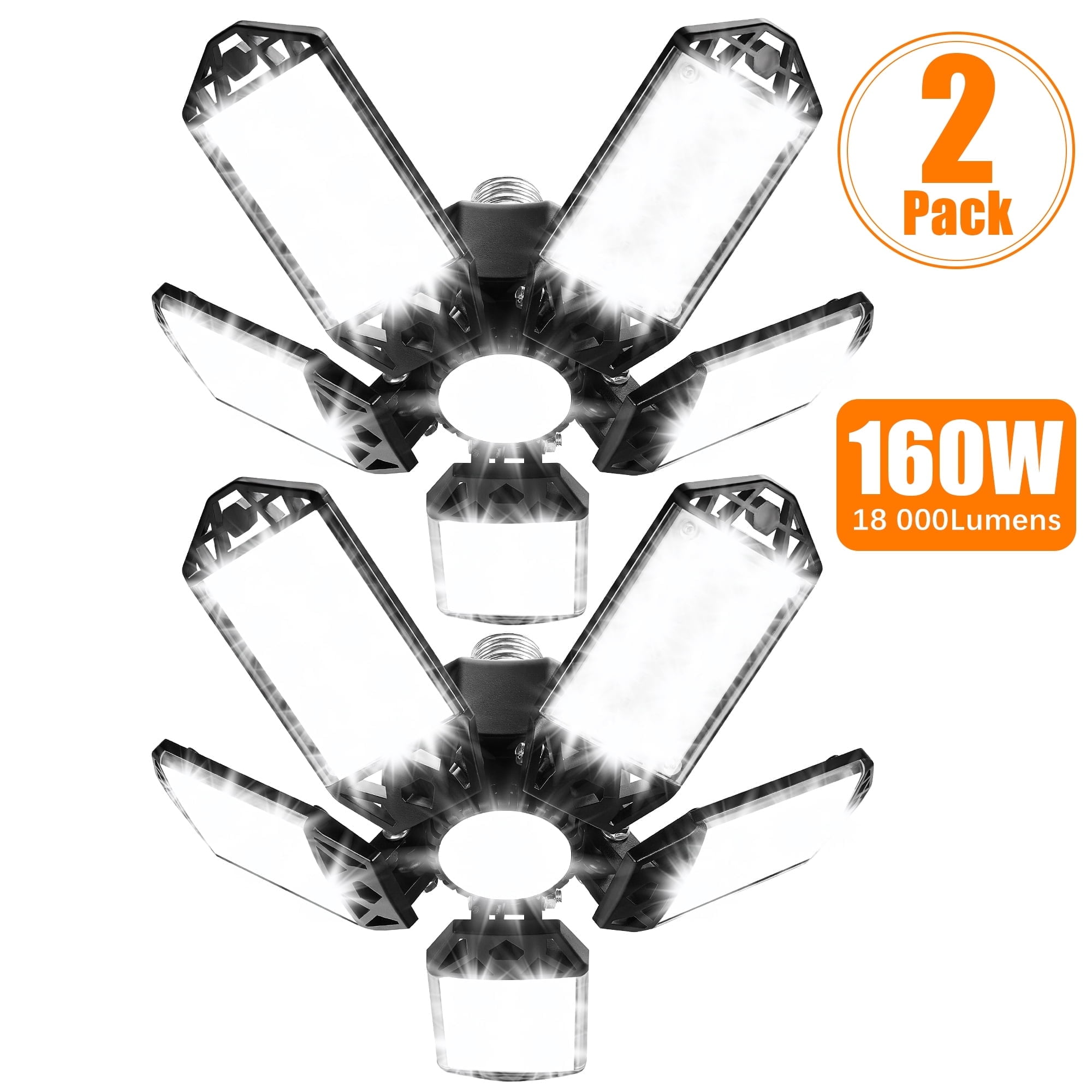 2 Pack LED Garage Lights, 160W 18000LM 6500K Deformable LED Garage Ceiling Light Shop Lights with 5 Adjustable Panels for Garage Workshop Basement Support E27 Screw Socket