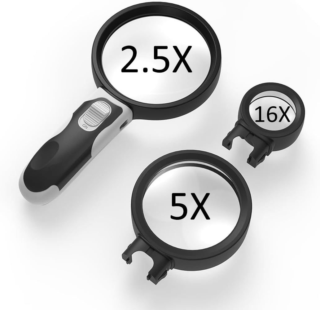 Meromore Magnifying Glass with Lights, 2.5X, 5X, 16X Changeable Lens