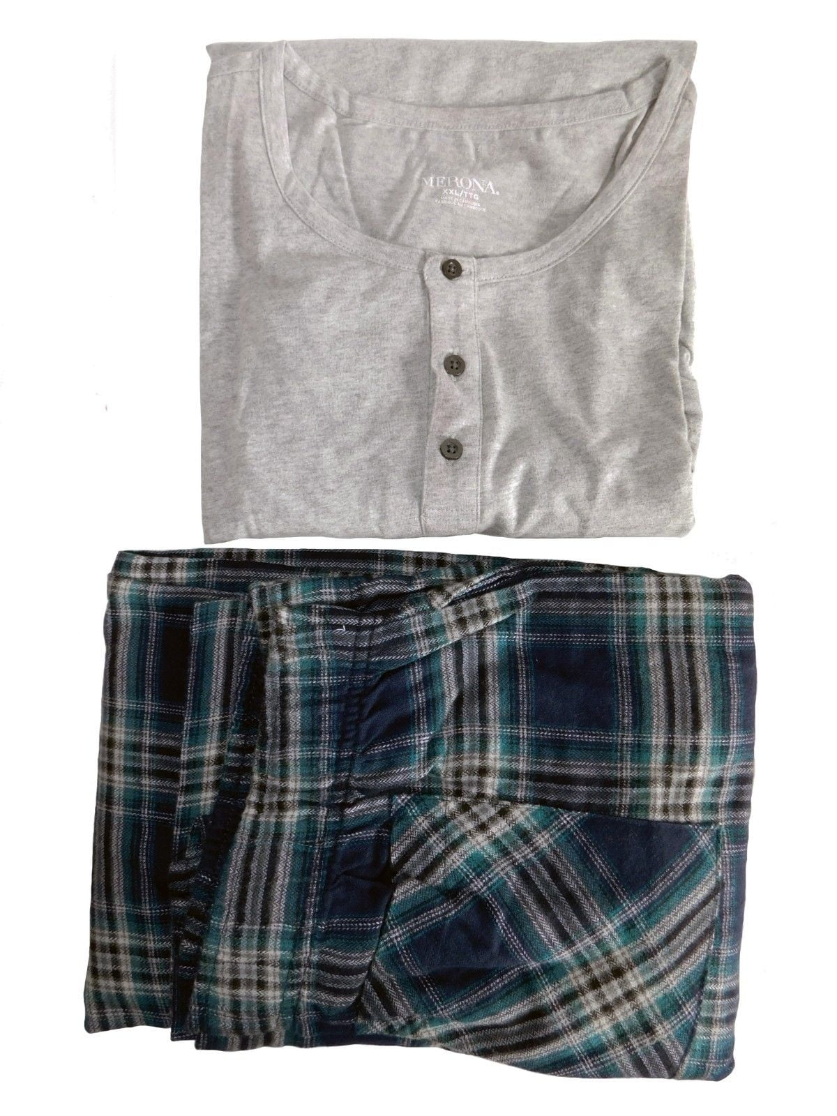 Merona Men's Long Sleeve Henley Plaid Bottom Pajama Set Navy Plaid/Grey