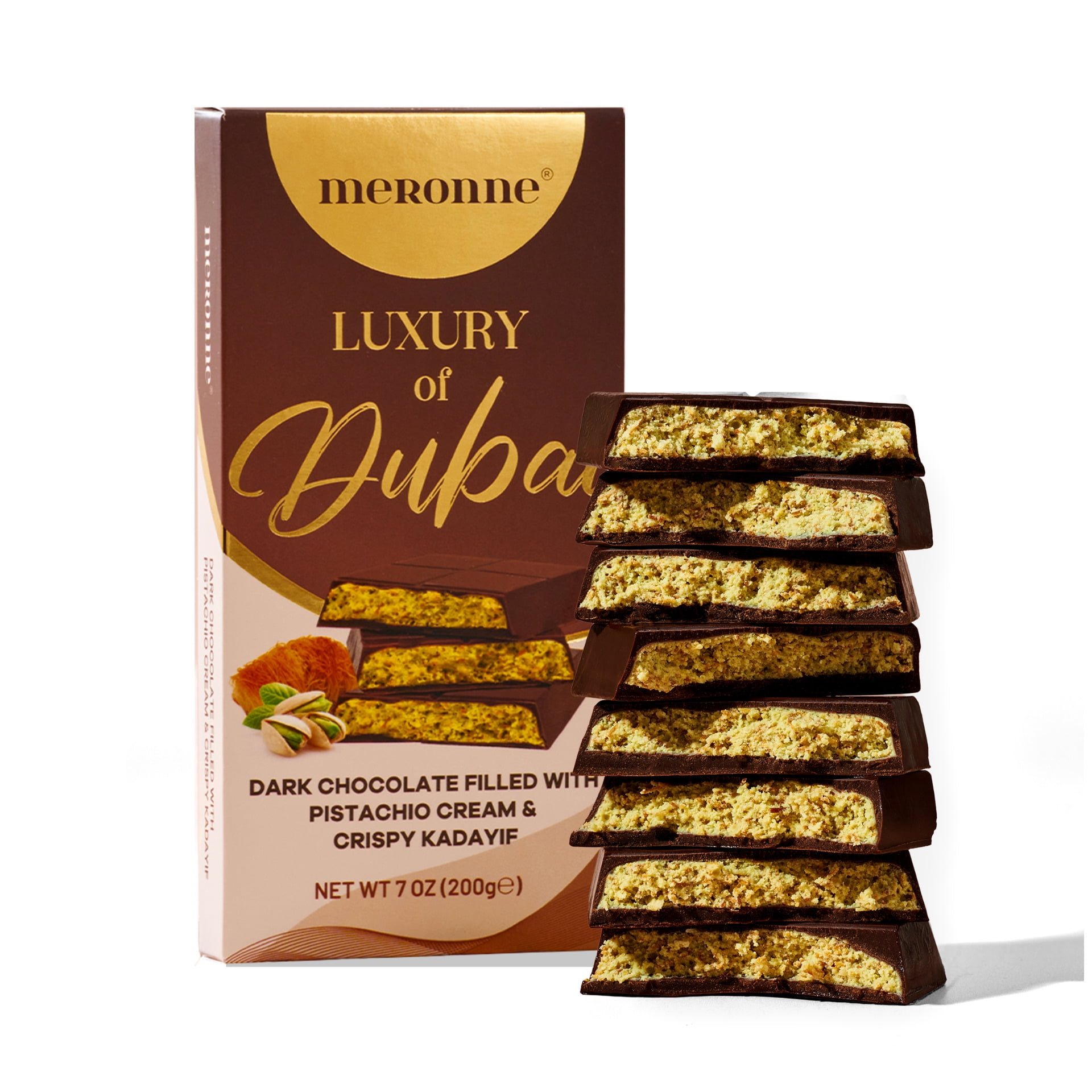 Meronne Premium Dubai Chocolate Bar - Dark Chocolate With Pistachio Cream  Kadayif - 7oz (Copy)