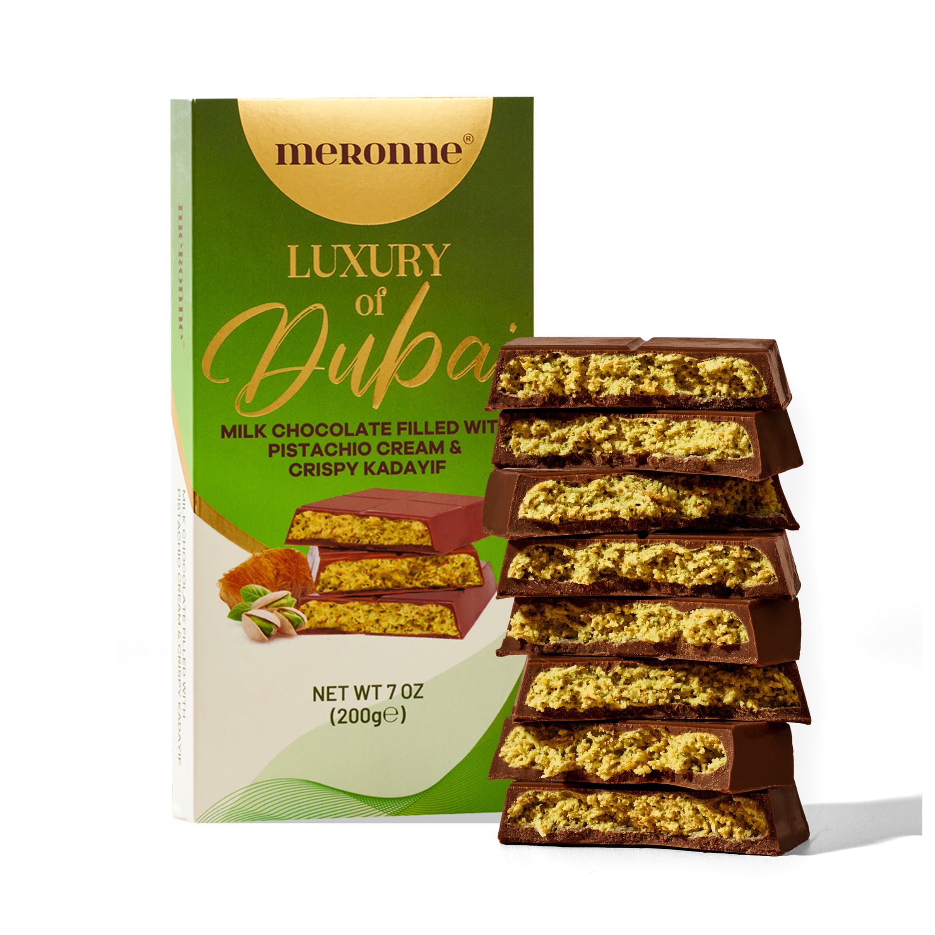 Meronne Premium Dubai Chocolate Bar - Milk Chocolate With Pistachio Cream  Kadayif - 7oz