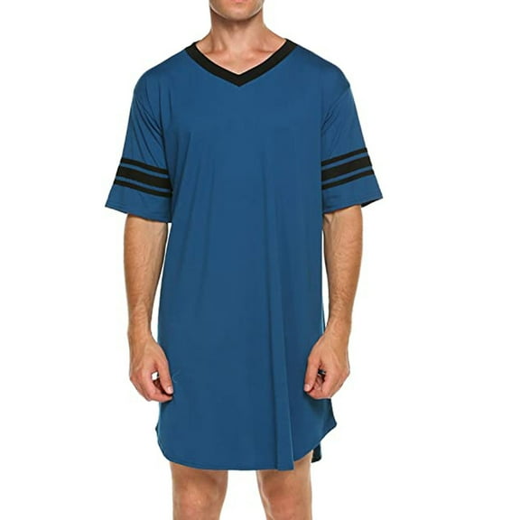 Merqwadd Men Cotton Nightshirt Short Sleeve V-Neck Soft Loose Nightwear