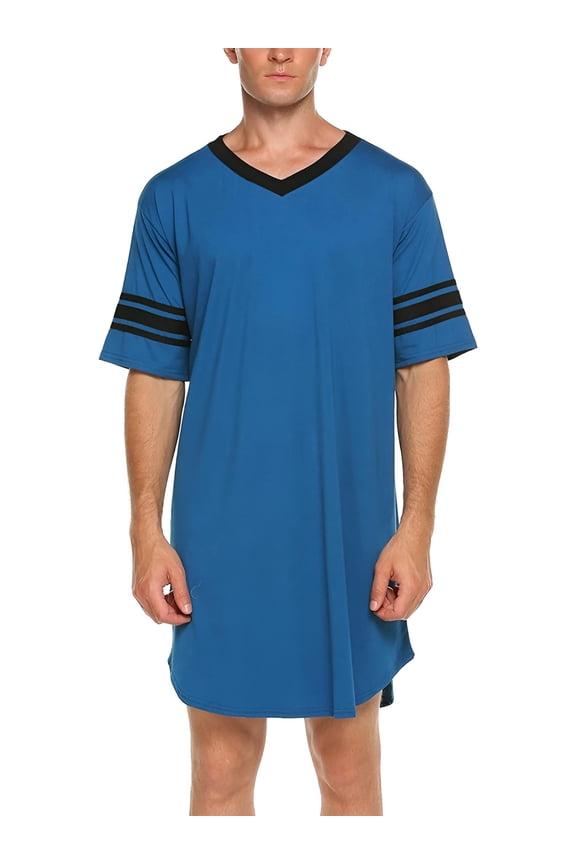 Men Cotton Nightshirt Short Sleeve V-Neck Soft Loose Nightwear