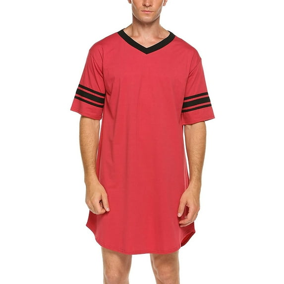Merqwadd Men Cotton Nightshirt Short Sleeve V-Neck Soft Loose Nightwear