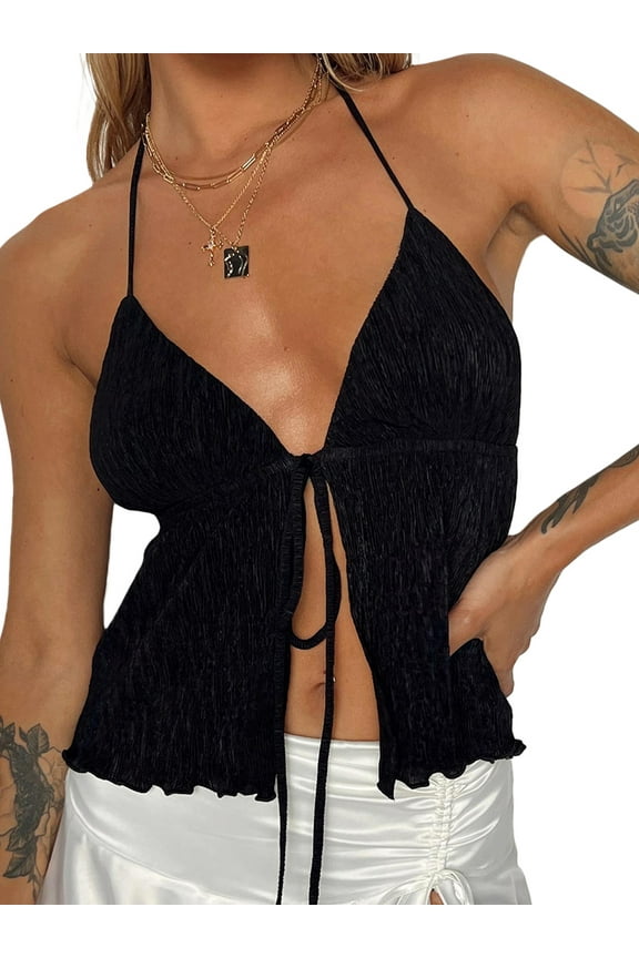 Women Halterneck Crop Tops Summer Bandage Open Front Sleeveless Tops Tie-up Split Camisoles Streetwear