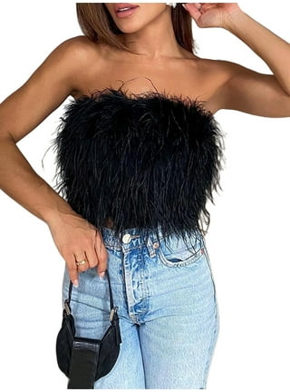  Women Rave Festival Feather Crop Tops Faux Fur Spaghetti Straps  Tube Top for Concert Club Party White : Clothing, Shoes & Jewelry