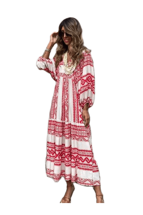 Women's Floral Print Deep V Neck 3/4 Sleeve A-Line Bohemian Tribal Boho Midi Dress