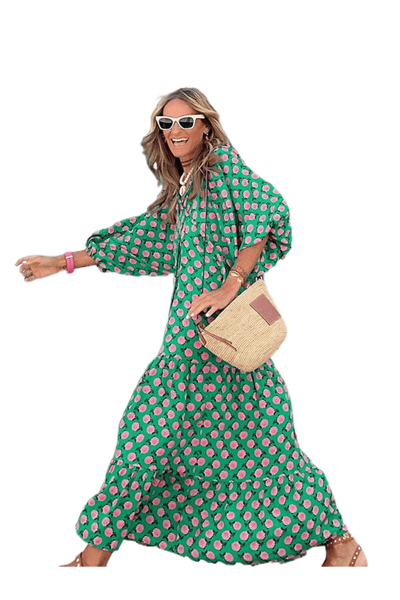 Women's Floral Print Deep V Neck 3/4 Sleeve A-Line Bohemian Tribal Boho Midi Dress