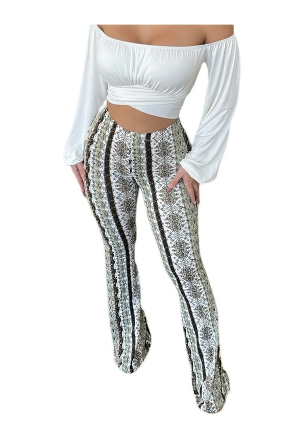 Women's High Waist Gypsy Comfy Yoga Ethnic Tribal Stretch Palazzo 70s Bell Bottom Fit to Flare Pants